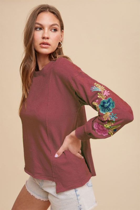 Annie Wear Embroidered Long Sleeve French Terry Top-TOPS / DRESSES-[Adult]-[Female]-Burgundy-S-2022 Online Blue Zone Planet