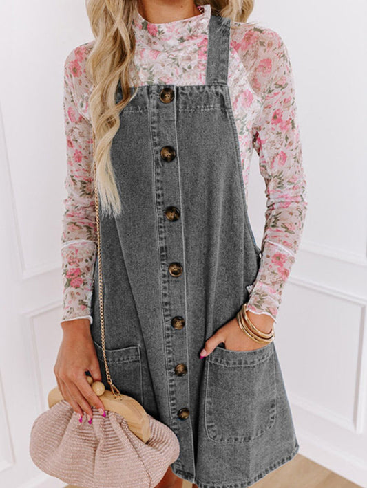 Blue Zone Planet | Wide Strap Button Down Denim Overall Dress-TOPS / DRESSES-[Adult]-[Female]-Gray-S-2022 Online Blue Zone Planet