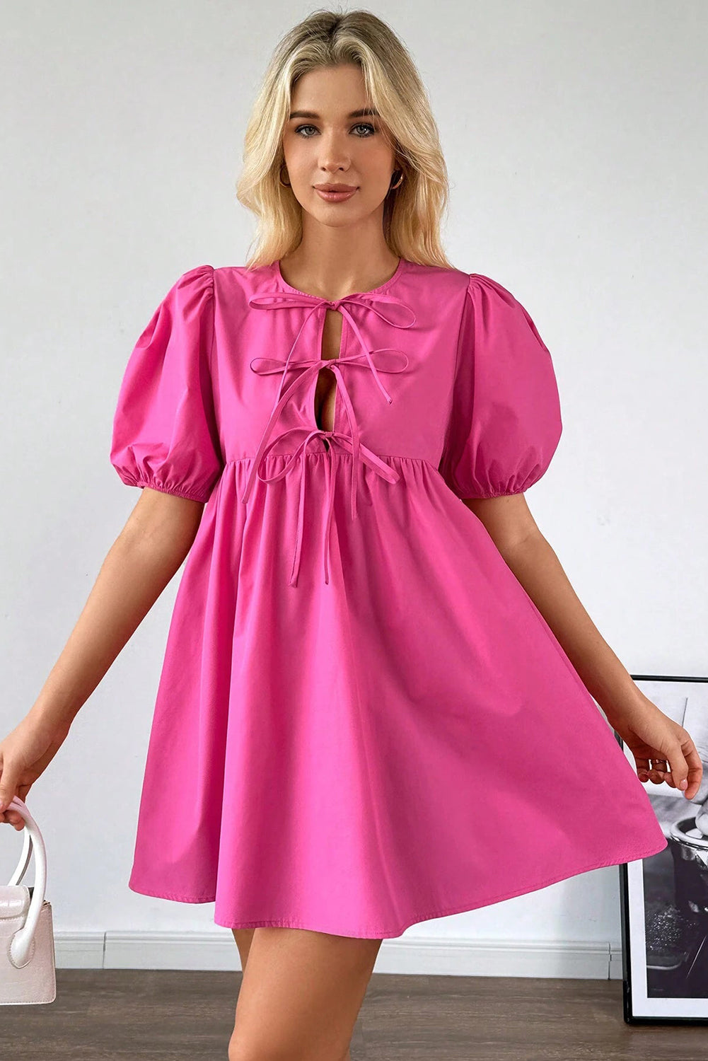 Bright Pink Tie Front Puff Sleeve Mini Dress-Short Dresses-[Adult]-[Female]-2022 Online Blue Zone Planet