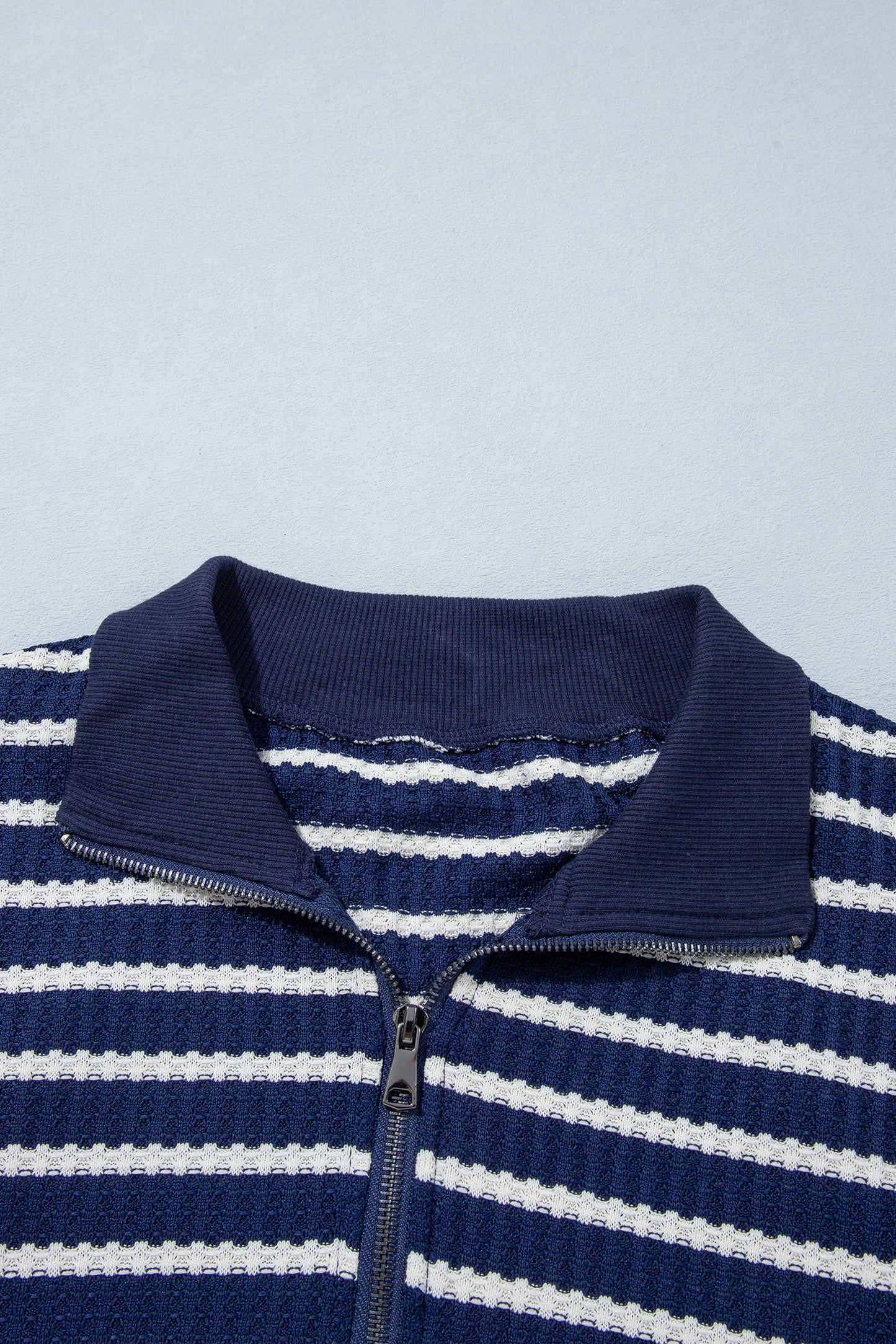 Blue Stripe Textured Knit Half Zip Collared Long Sleeve Top