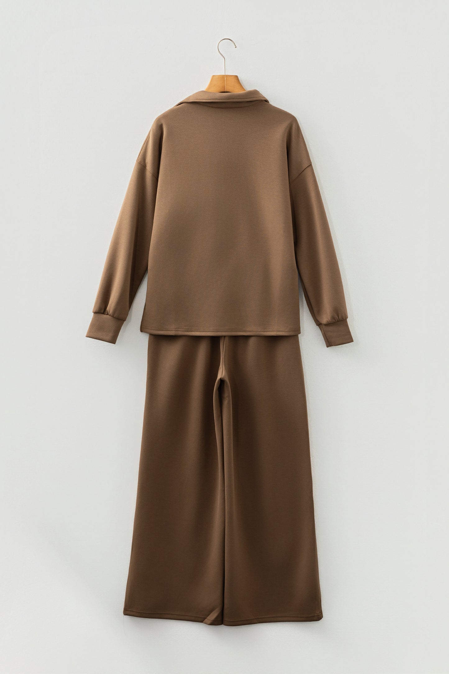 Coffee Solid Color V Neck Top and High Waist Pants Set-Two Piece Sets/Pant Sets-[Adult]-[Female]-2022 Online Blue Zone Planet