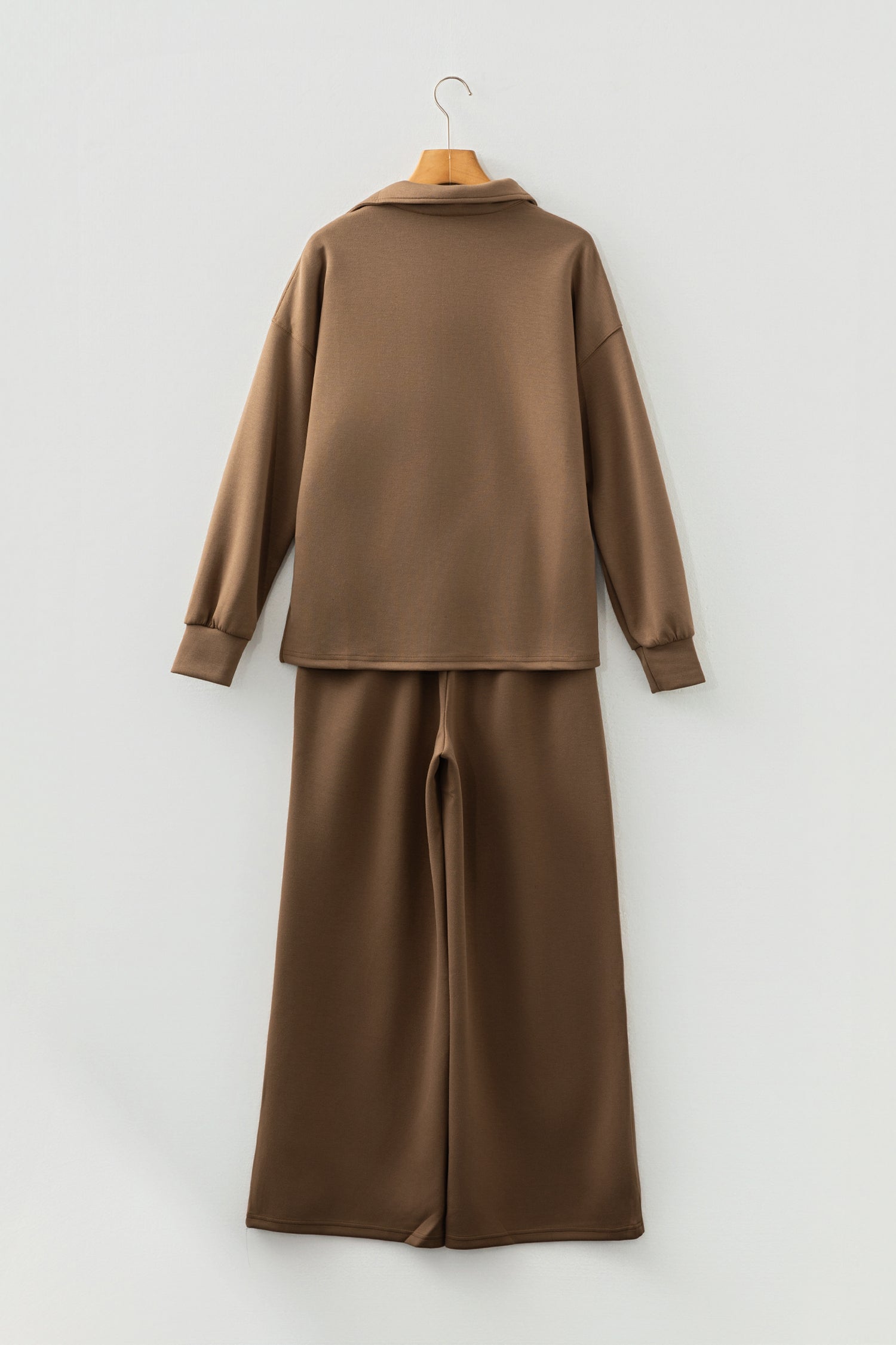 Coffee Solid Color V Neck Top and High Waist Pants Set-Two Piece Sets/Pant Sets-[Adult]-[Female]-2022 Online Blue Zone Planet