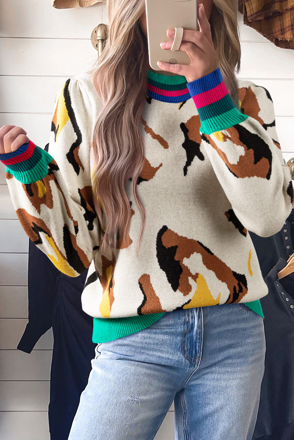 Apricot Contrast Ribbed Stripes Detail Animal Pattern Knit Sweater-TOPS / DRESSES-[Adult]-[Female]-Apricot-S-2022 Online Blue Zone Planet