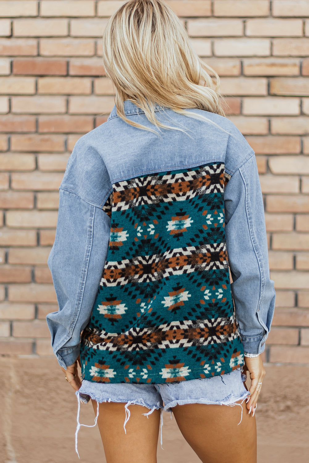 Blue Zone Planet | Blue Aztec Printed Denim Jacket-Outerwear/Denim jackets-[Adult]-[Female]-2022 Online Blue Zone Planet