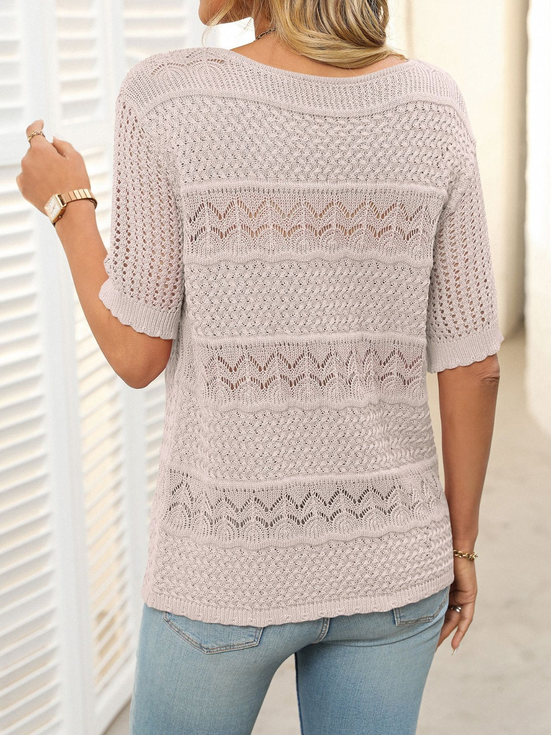 Openwork Round Neck Half Sleeve Knit Top-TOPS / DRESSES-[Adult]-[Female]-2022 Online Blue Zone Planet