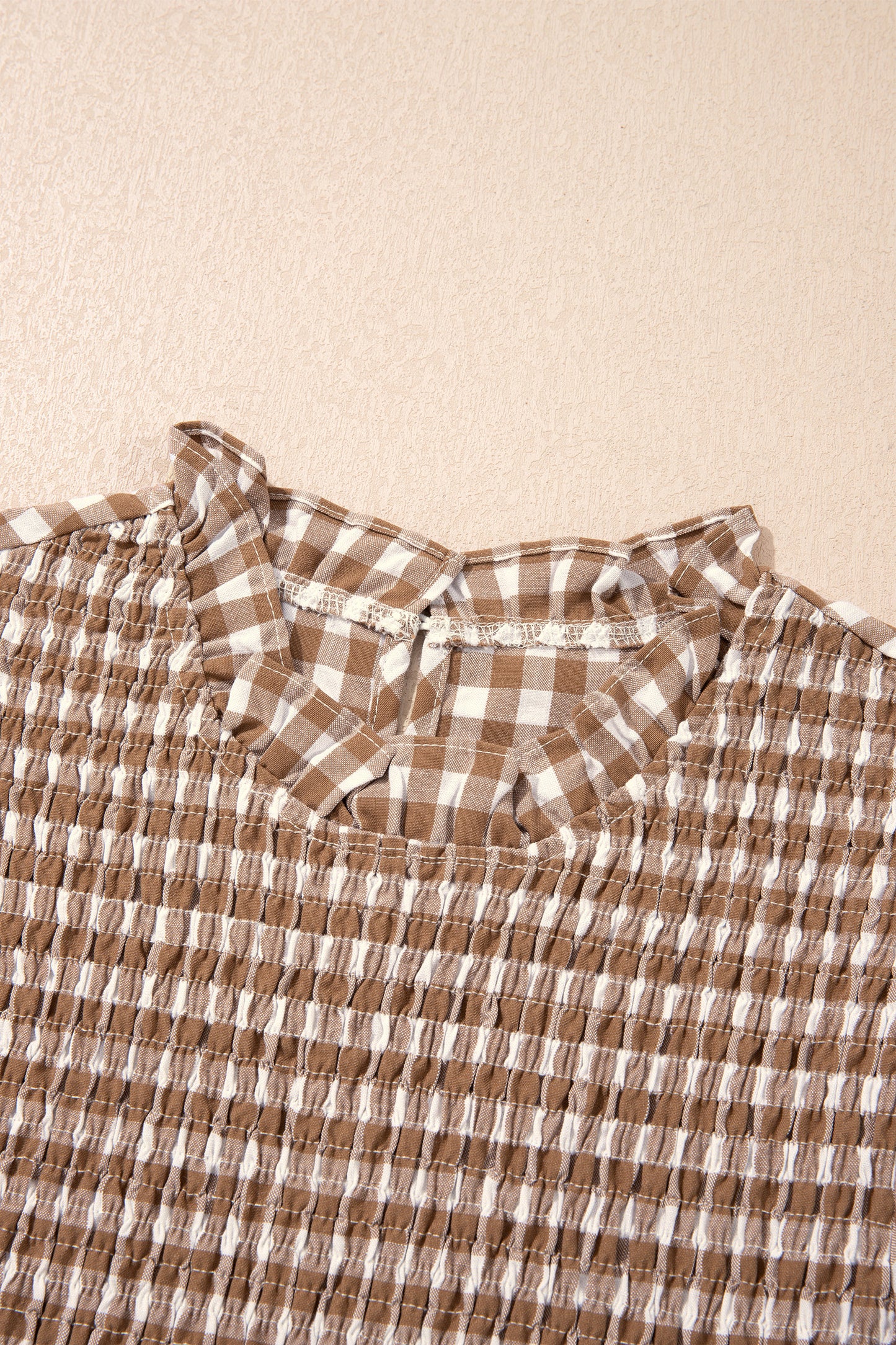 Brown 3/4 Sleeve Shirred Plaid Peplum Top-Tops/Blouses & Shirts-[Adult]-[Female]-2022 Online Blue Zone Planet