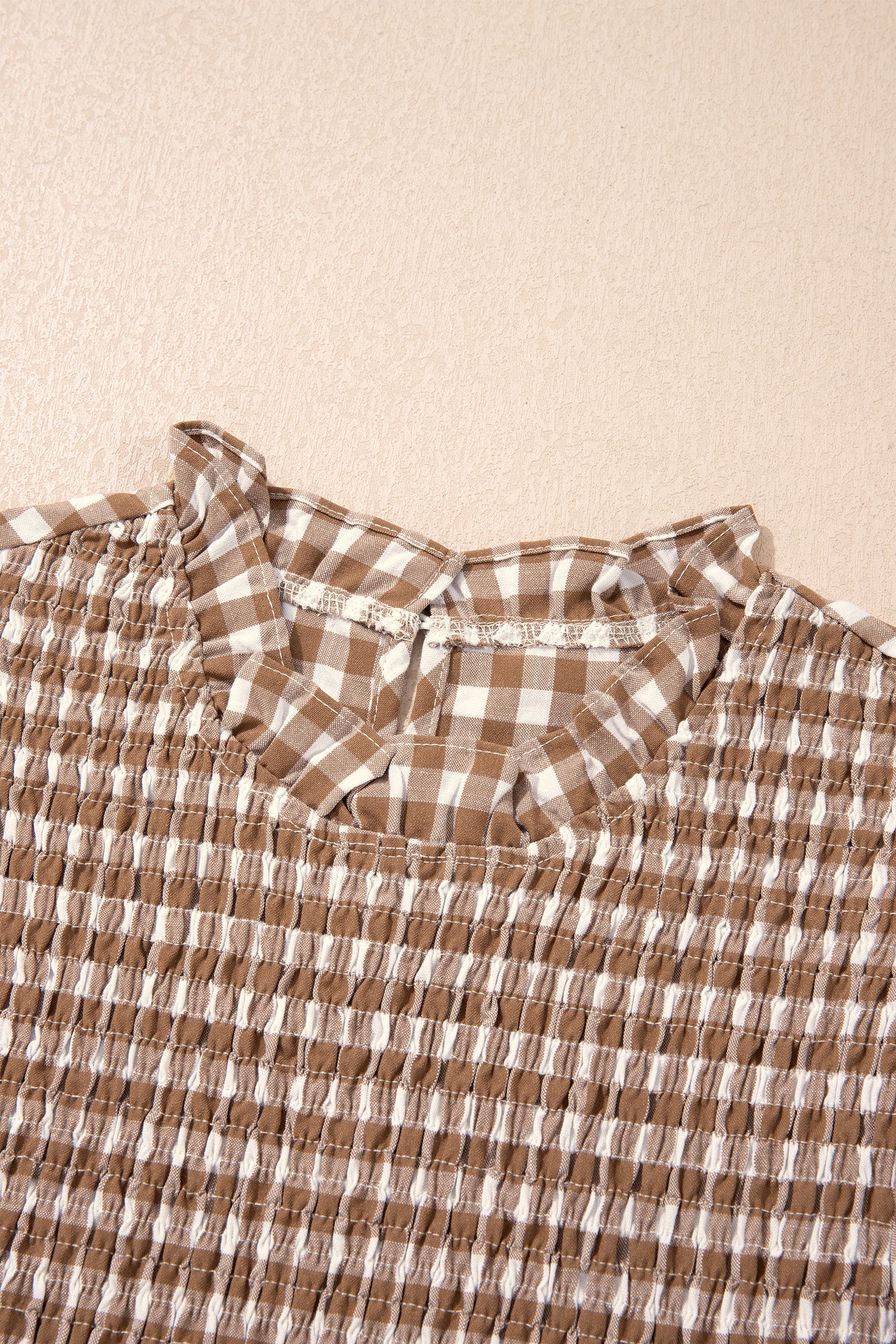Brown 3/4 Sleeve Shirred Plaid Peplum Top-Tops/Blouses & Shirts-[Adult]-[Female]-2022 Online Blue Zone Planet