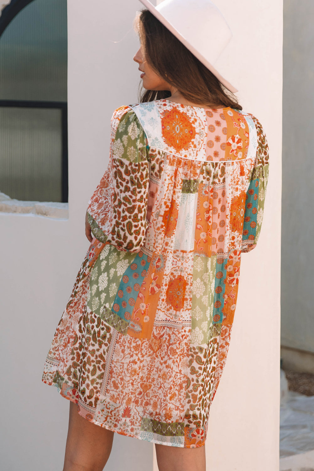 Blue Zone Planet | Orange Boho Paisley Mixed Print 3/4 Sleeve Chiffon Loose Dress-TOPS / DRESSES-[Adult]-[Female]-2022 Online Blue Zone Planet