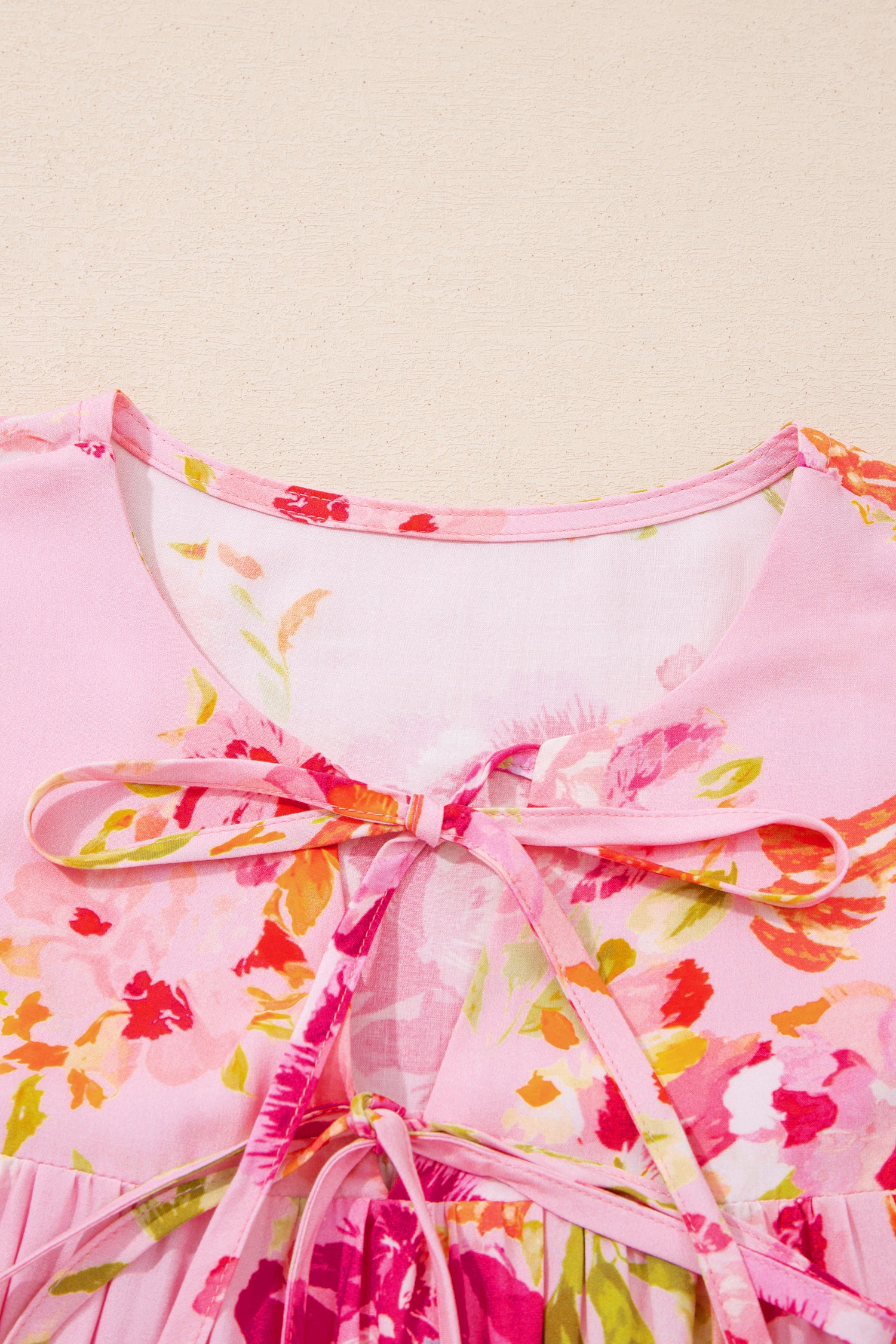 Pink Floral Print Tie Neck Puffy Half Sleeve Blouse-Tops/Blouses & Shirts-[Adult]-[Female]-2022 Online Blue Zone Planet