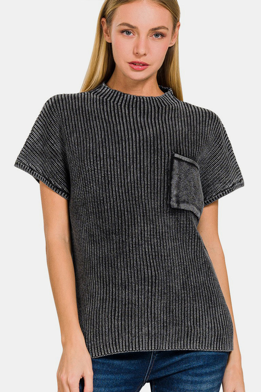 Blue Zone Planet | Zenana Pocketed Mock Neck Short Sleeve Sweater-TOPS / DRESSES-[Adult]-[Female]-BLACK-S/M-2022 Online Blue Zone Planet