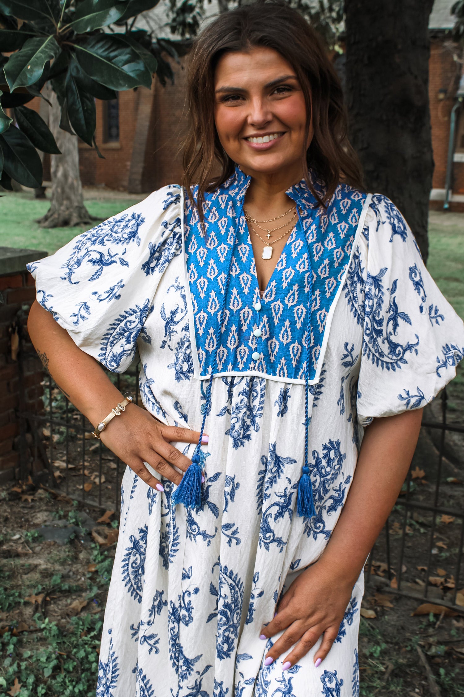 Sky Blue Boho Abstract Print Contrast Trim V Neck Tassel Tie Dress-Dresses/Floral Dresses-[Adult]-[Female]-2022 Online Blue Zone Planet