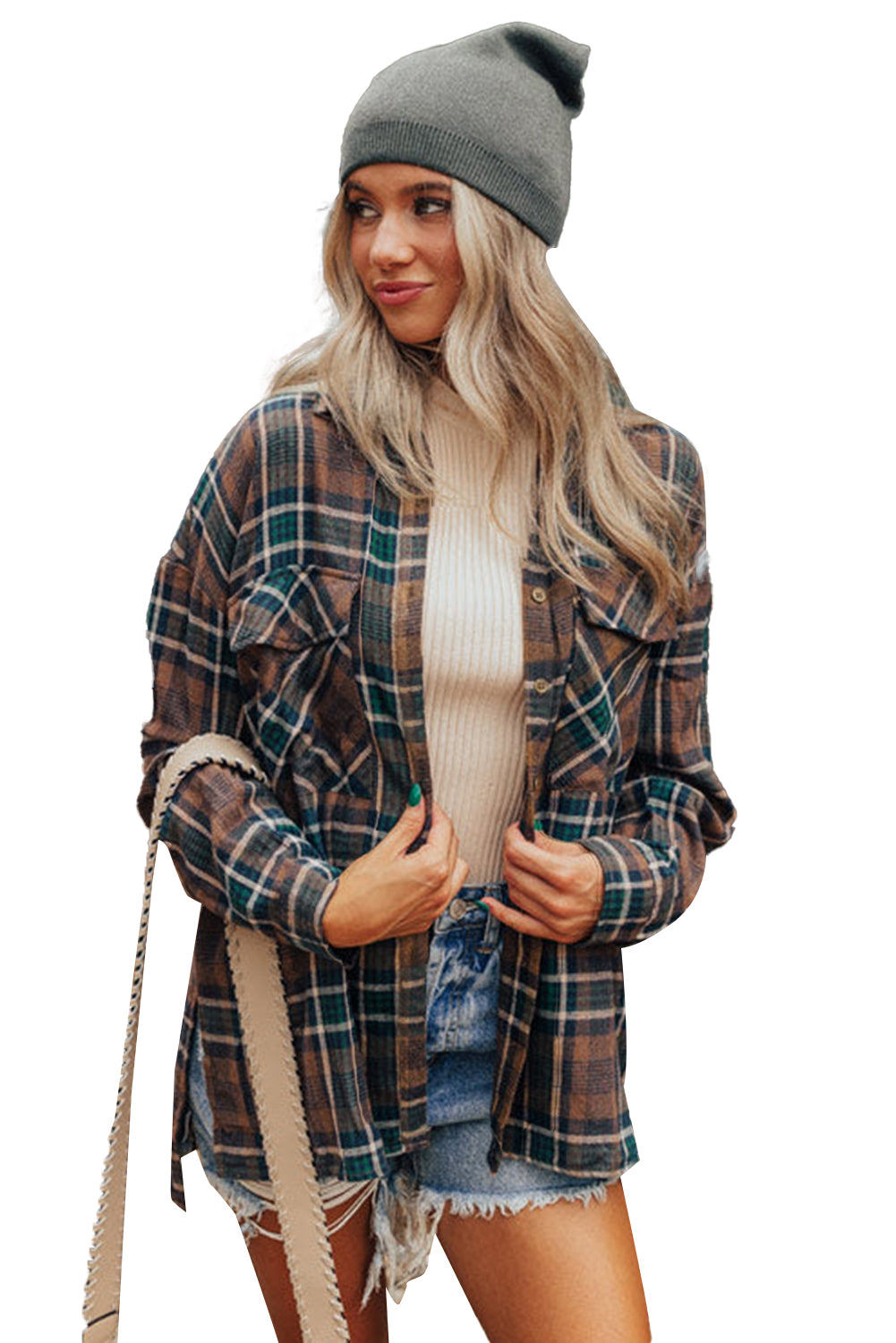 Brown Plaid Print Chest Pockets Buttoned Shacket-Jackets-[Adult]-[Female]-2022 Online Blue Zone Planet