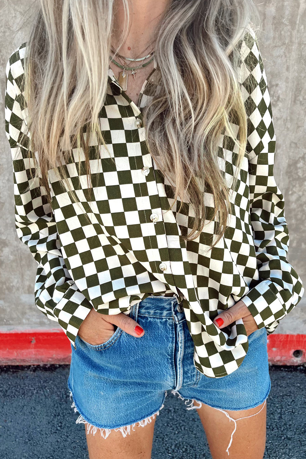 Green Checkerboard Printed Drop Shoulder Loose Casual Shirt-Tops/Blouses & Shirts-[Adult]-[Female]-Green-S-2022 Online Blue Zone Planet