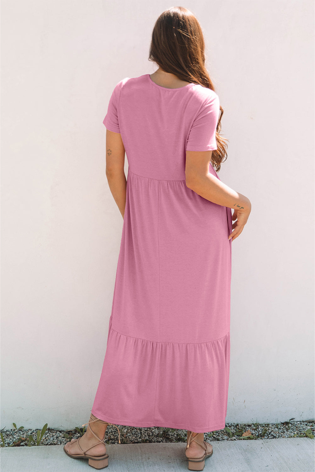 Pink Solid Color T-shirt High Waist Pocketed Long Dress-TOPS / DRESSES-[Adult]-[Female]-2022 Online Blue Zone Planet