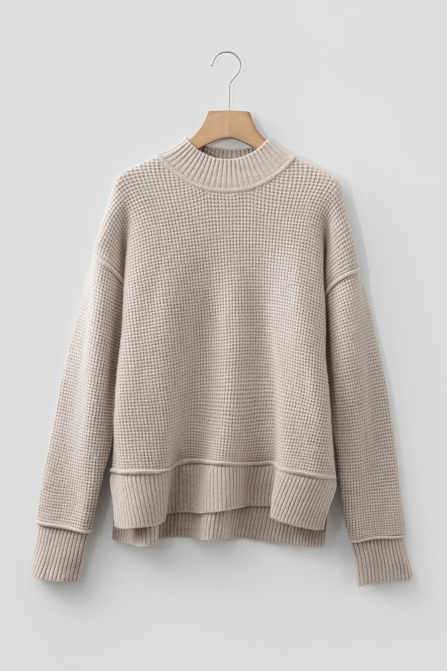 Gray Morn Waffle Texture Knit Ribbed High Neck Drop Shoulder Sweater-TOPS / DRESSES-[Adult]-[Female]-2022 Online Blue Zone Planet