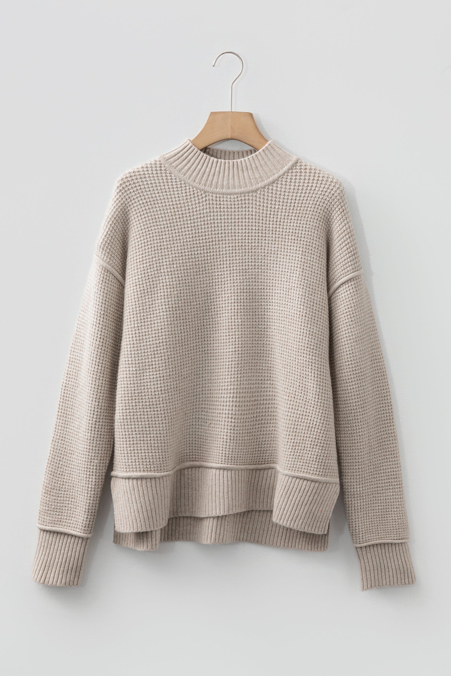 Gray Morn Waffle Texture Knit Ribbed High Neck Drop Shoulder Sweater-TOPS / DRESSES-[Adult]-[Female]-2022 Online Blue Zone Planet