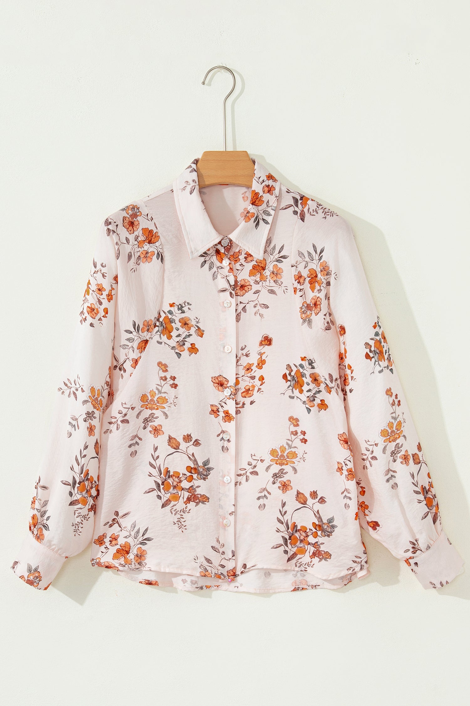 Apricot Floral Printed Silky Button Up Long Sleeve Shirt-Tops/Blouses & Shirts-[Adult]-[Female]-2022 Online Blue Zone Planet