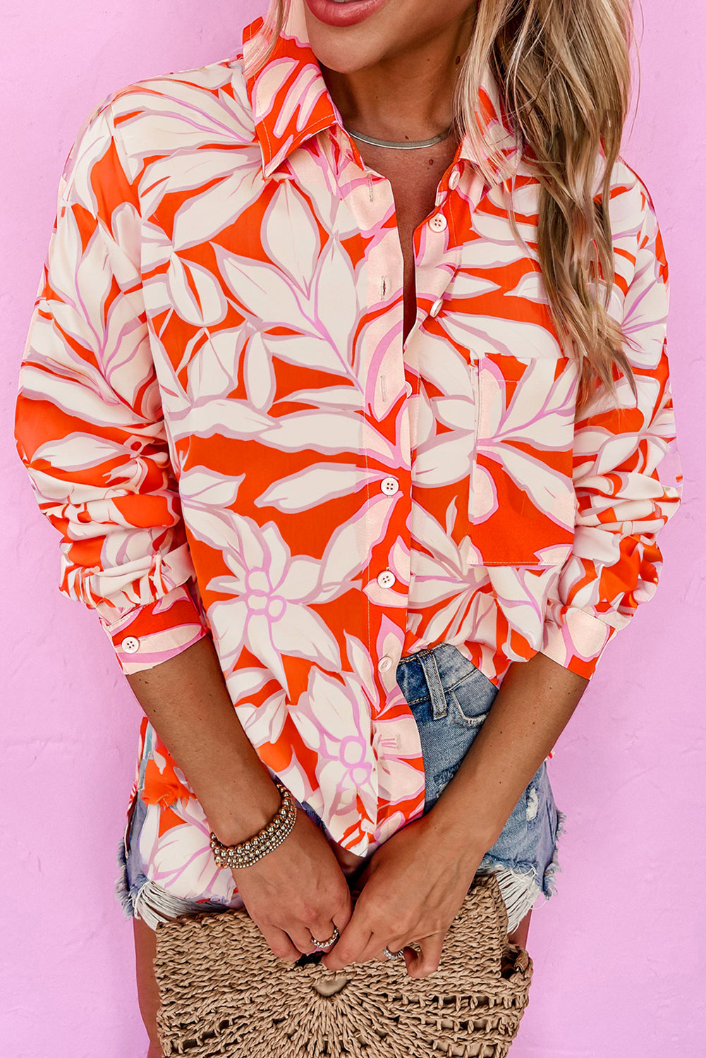 Orange Botanical Print Single Chest Pocket Button Up Shirt-Tops/Blouses & Shirts-[Adult]-[Female]-Orange-S-2022 Online Blue Zone Planet