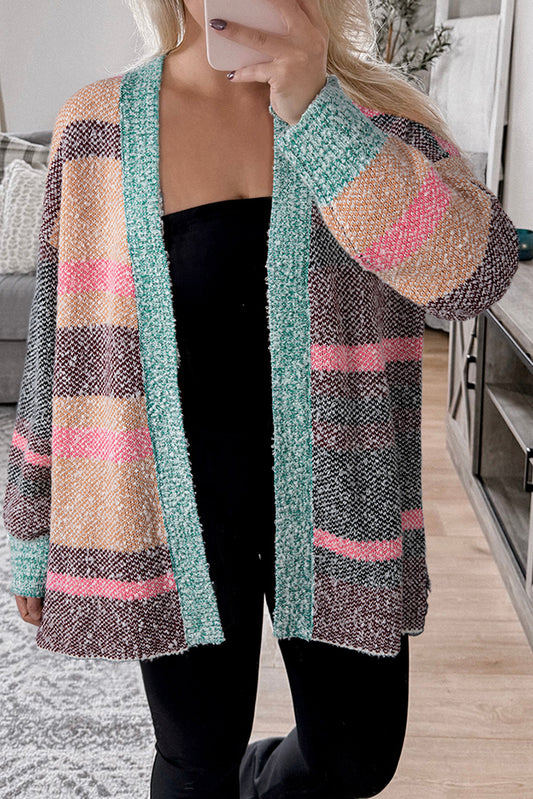 Multicolour Color Block Striped Side Slit Open Front Cardigan-Sweaters & Cardigans/Cardigans-[Adult]-[Female]-Multicolour-S-2022 Online Blue Zone Planet