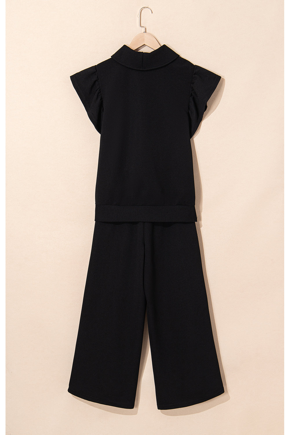 Black Textured Ruffled Sleeve Zipped Top and Wide Leg Pants Set-Two Piece Sets/Pant Sets-[Adult]-[Female]-2022 Online Blue Zone Planet