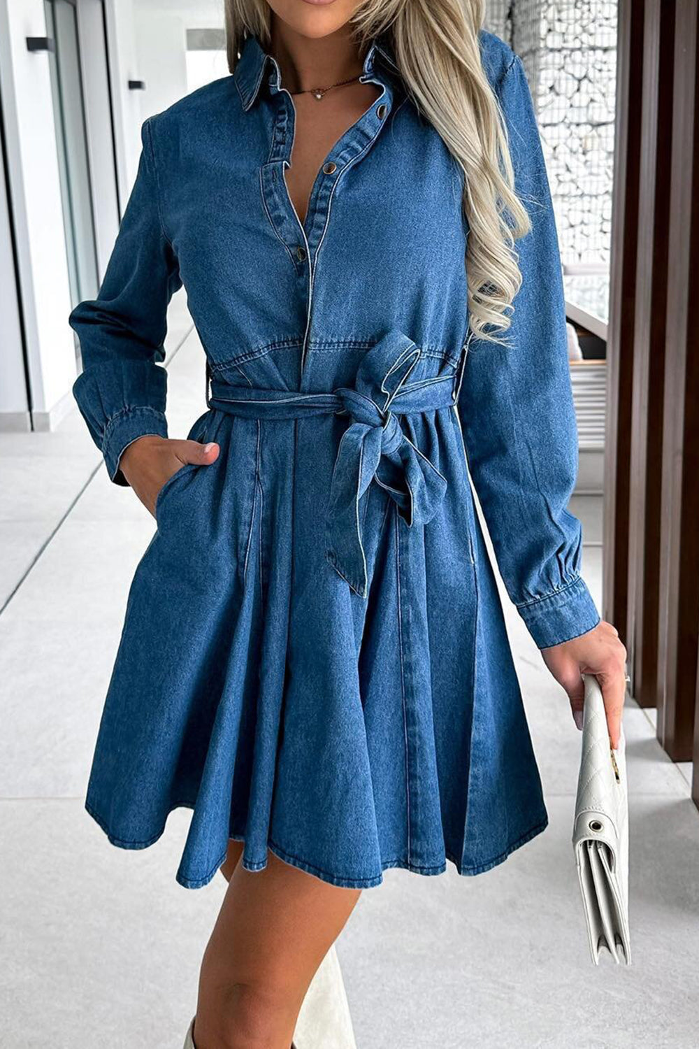 Blue Zone Planet | Tied Half Button Long Sleeve Denim Dress-TOPS / DRESSES-[Adult]-[Female]-Dusty Blue-S-2022 Online Blue Zone Planet