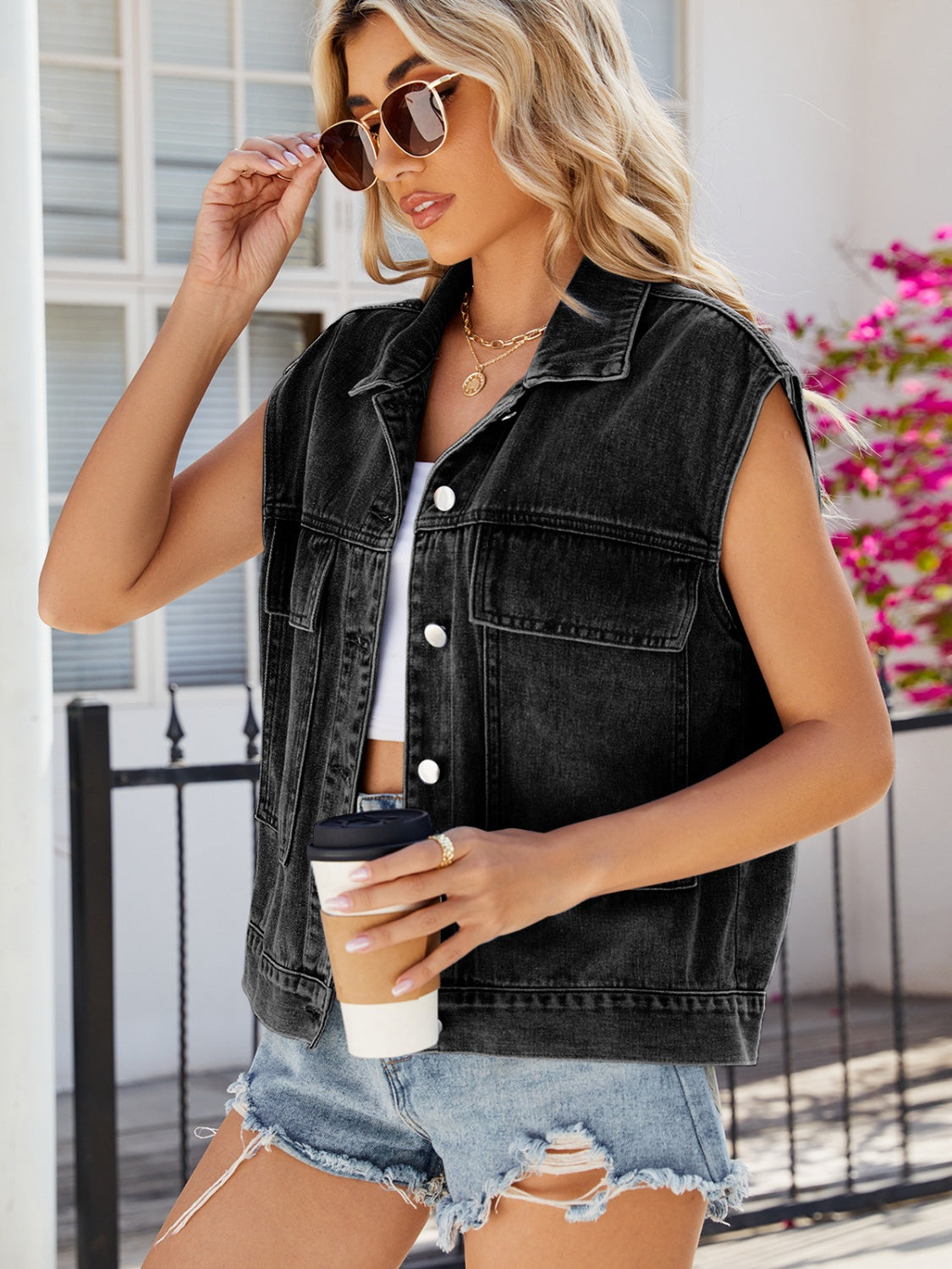 Pocketed Button Up Sleeveless Denim Jacket-TOPS / DRESSES-[Adult]-[Female]-2022 Online Blue Zone Planet