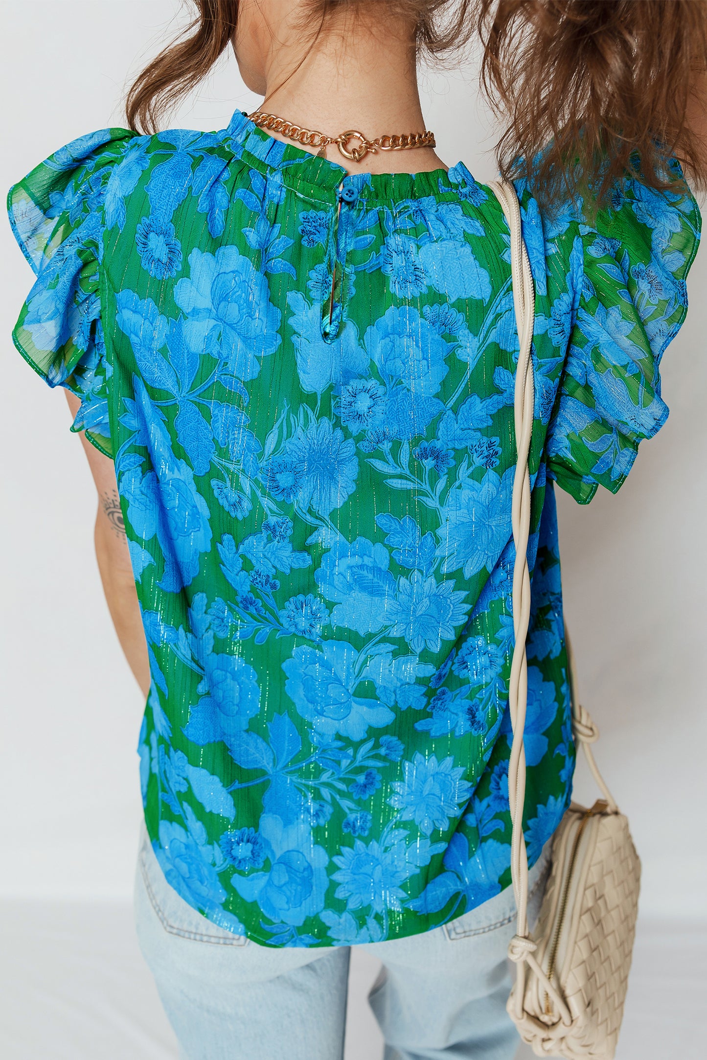 Green Floral Print Ruffled Sleeve Summer Blouse-Tops/Blouses & Shirts-[Adult]-[Female]-2022 Online Blue Zone Planet
