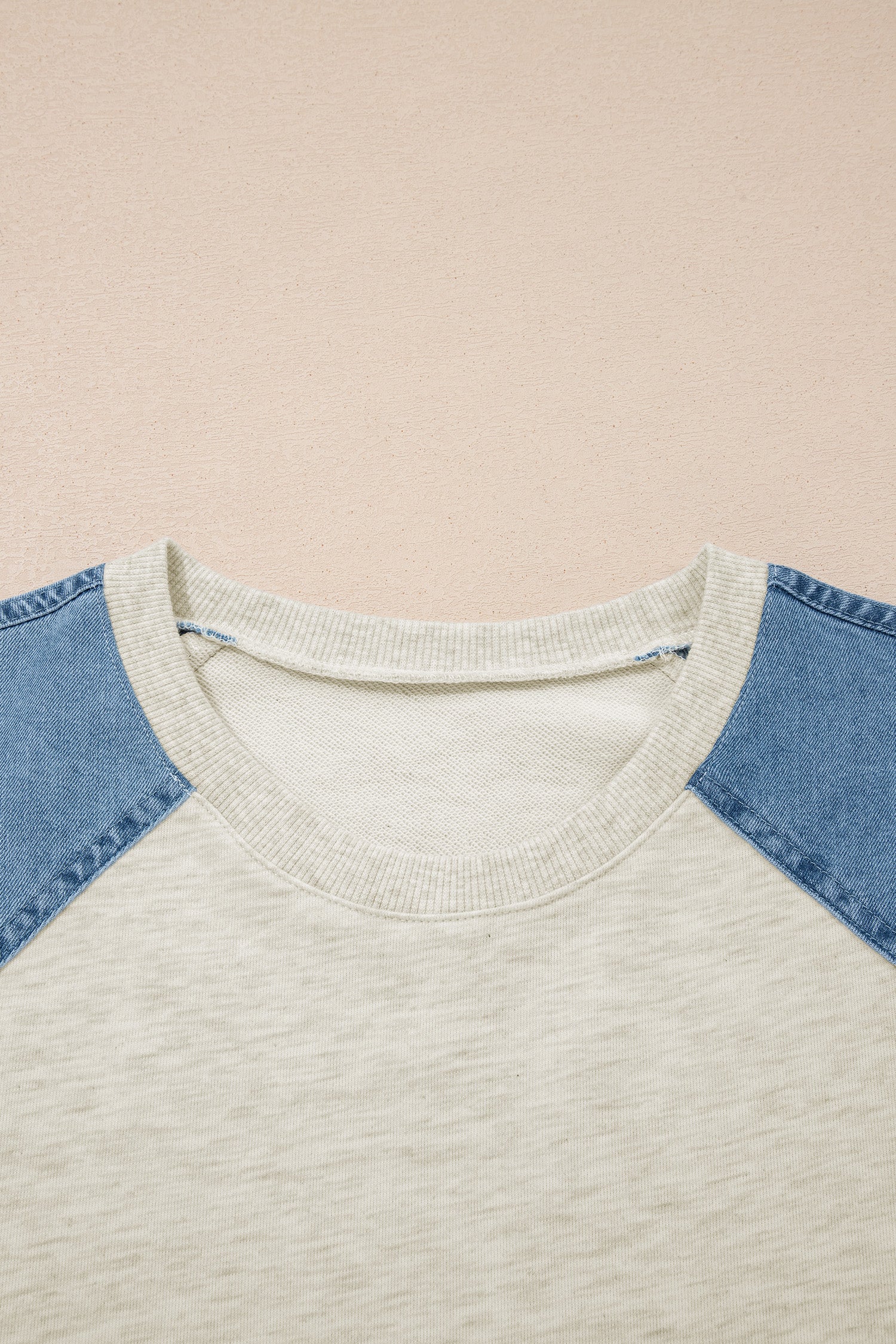 Beige Denim Color Block Patchwork Round Neck Tee-Tops/Tops & Tees-[Adult]-[Female]-2022 Online Blue Zone Planet