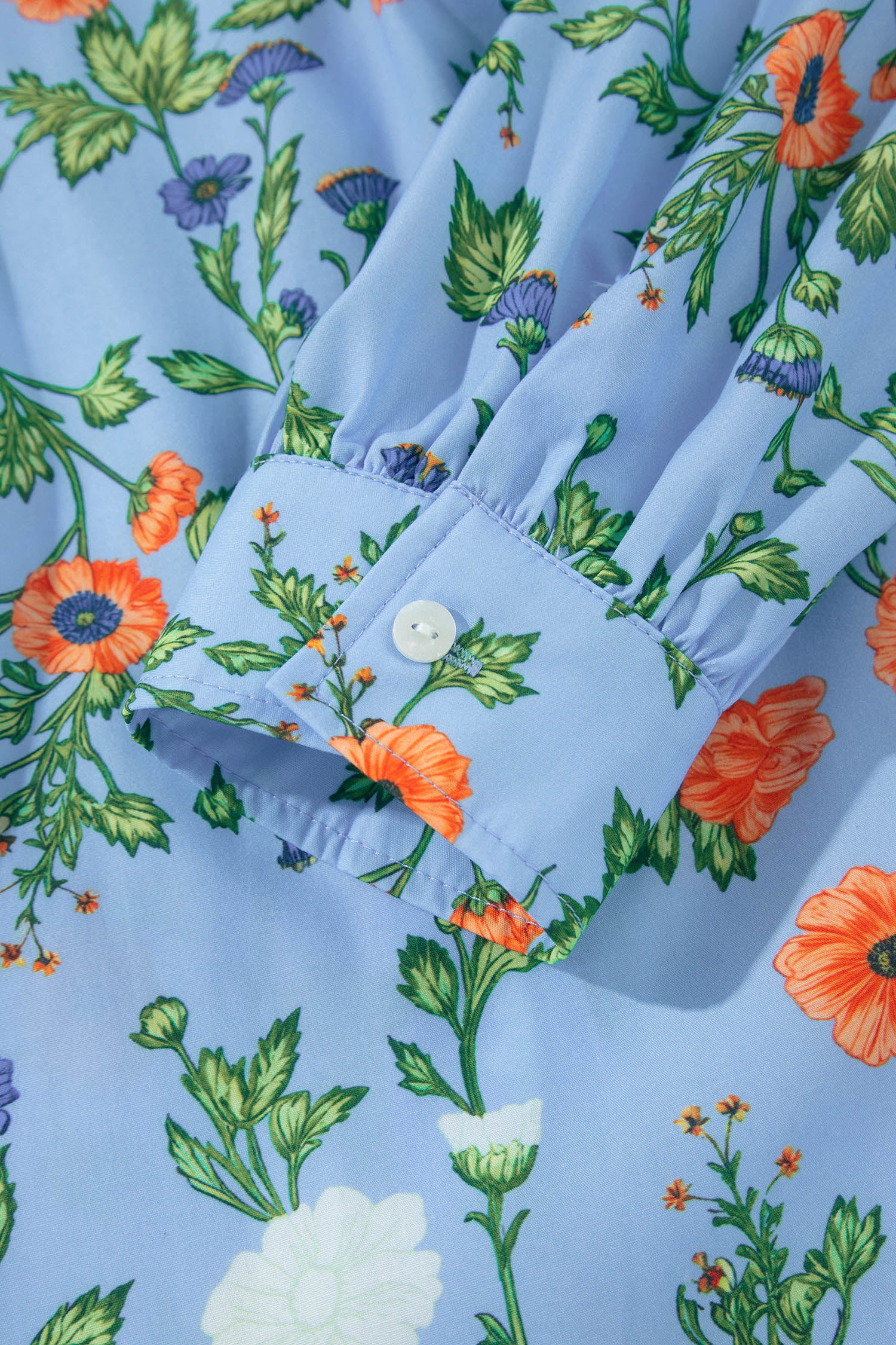 Sky Blue Floral Print Bracelet Sleeve Button Down Casual Shirt-Bracelet-[Adult]-[Female]-2022 Online Blue Zone Planet