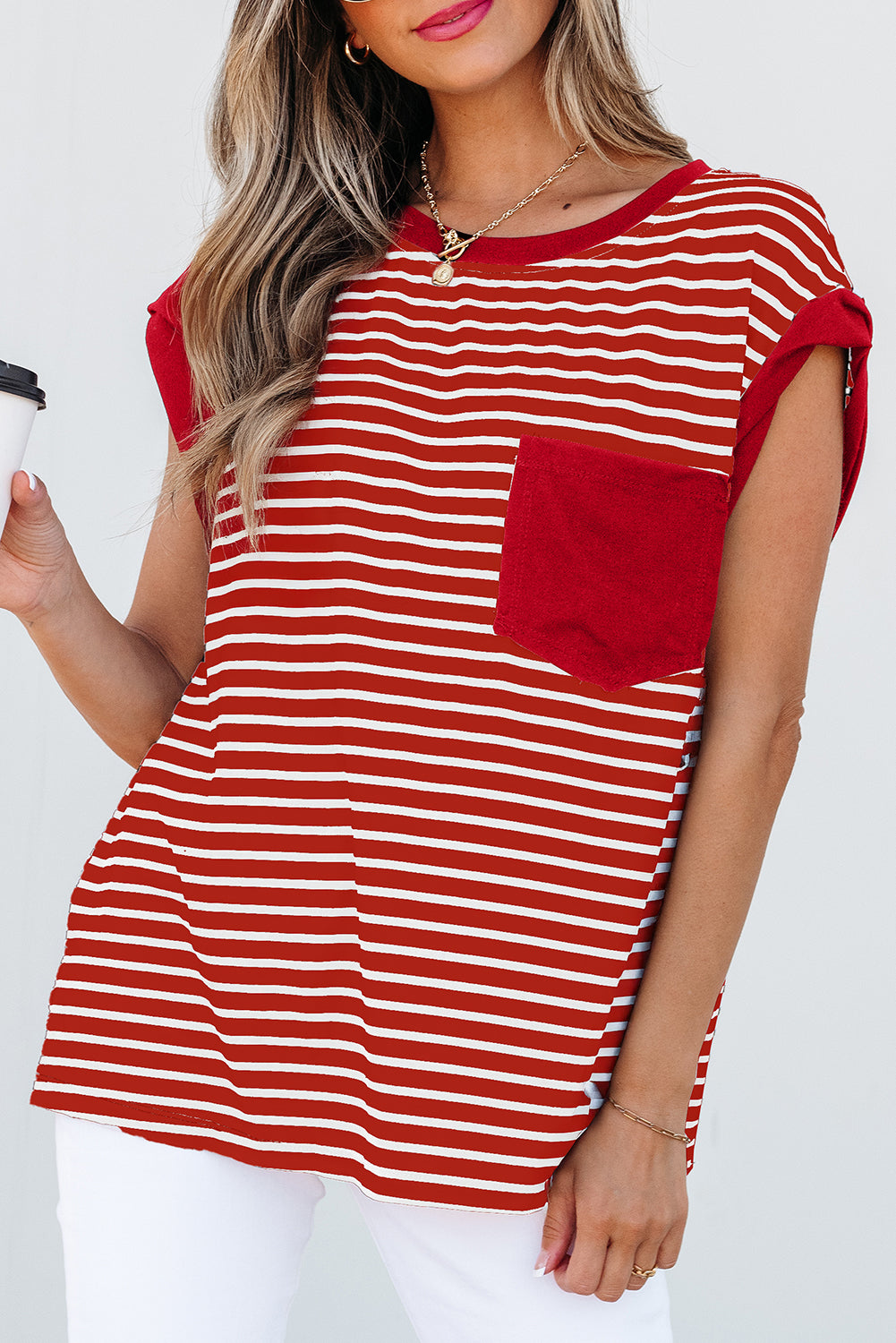 Red Stripe Chest Pocket Patch Round Neck Tank Top-Tops/Tank Tops-[Adult]-[Female]-2022 Online Blue Zone Planet