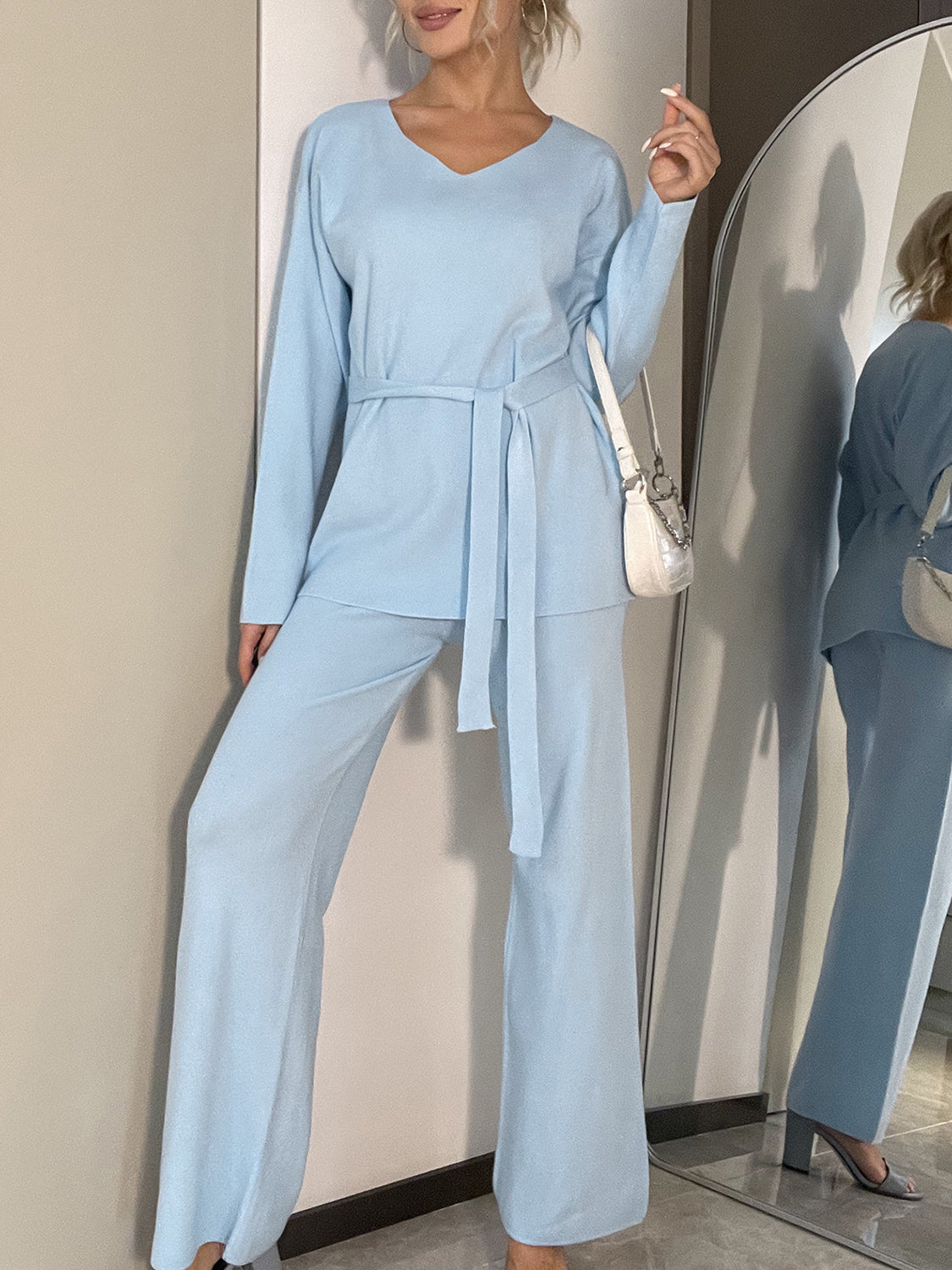 V-Neck Long Sleeve Top and Drawstring Pants Sweater Set-TOPS / DRESSES-[Adult]-[Female]-2022 Online Blue Zone Planet