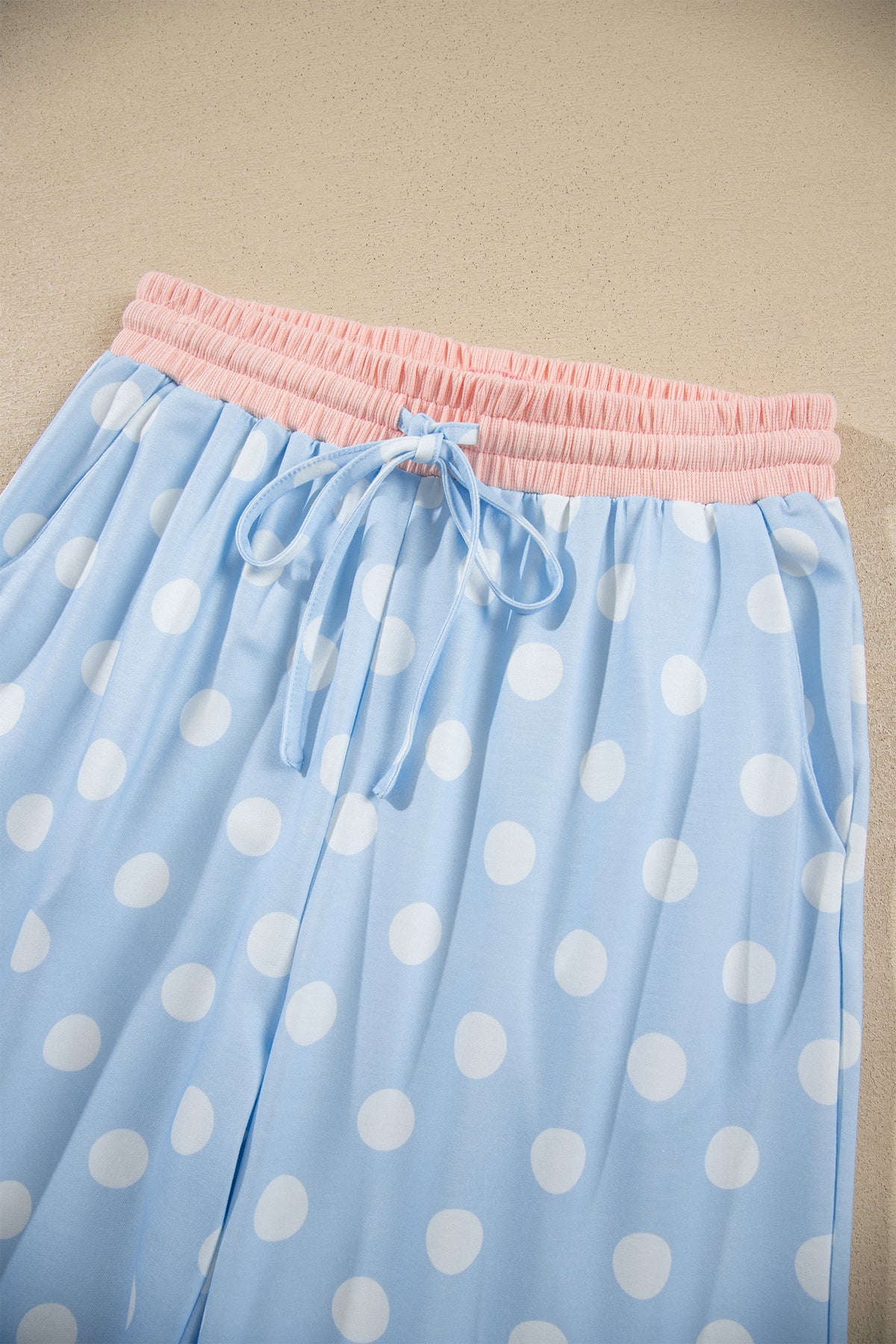 Pink Polka Dot Contrast Trim Long Sleeve Top Drawstring Shift Pants Set-Two Piece Sets/Pant Sets-[Adult]-[Female]-2022 Online Blue Zone Planet