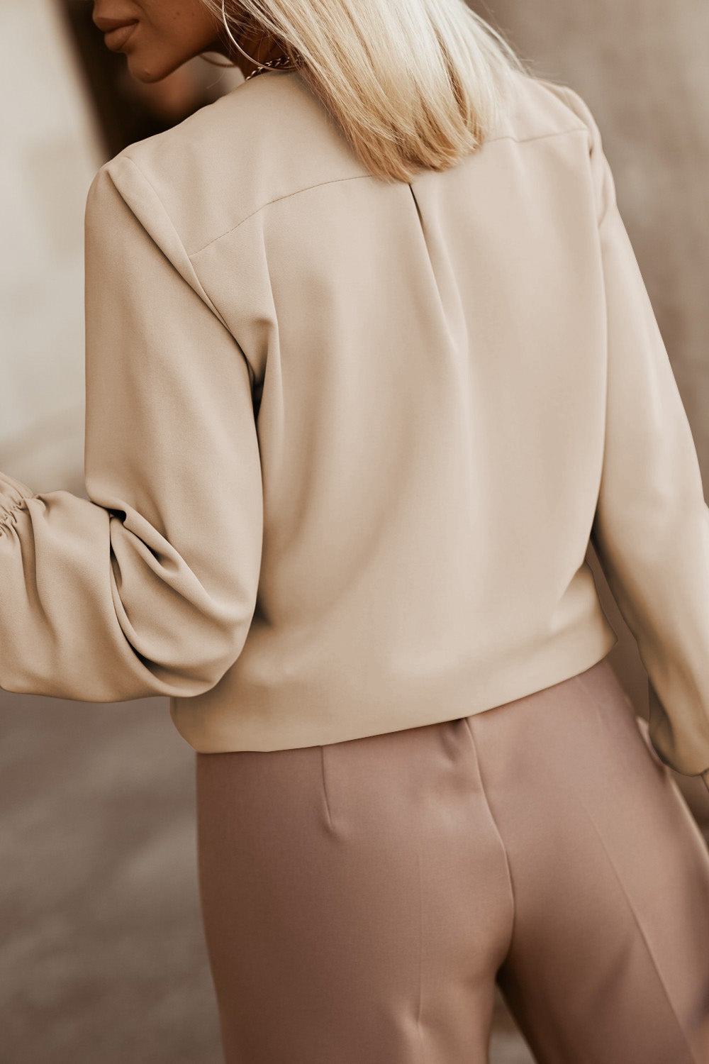Khaki Crew Neck Gathered Stretch Cuff Shirt-Tops/Blouses & Shirts-[Adult]-[Female]-2022 Online Blue Zone Planet