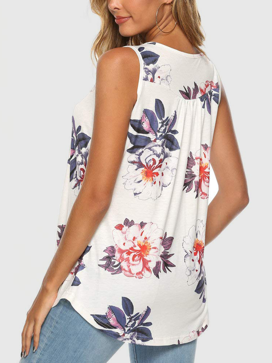 Flower Printed Round Neck Tank-TOPS / DRESSES-[Adult]-[Female]-2022 Online Blue Zone Planet