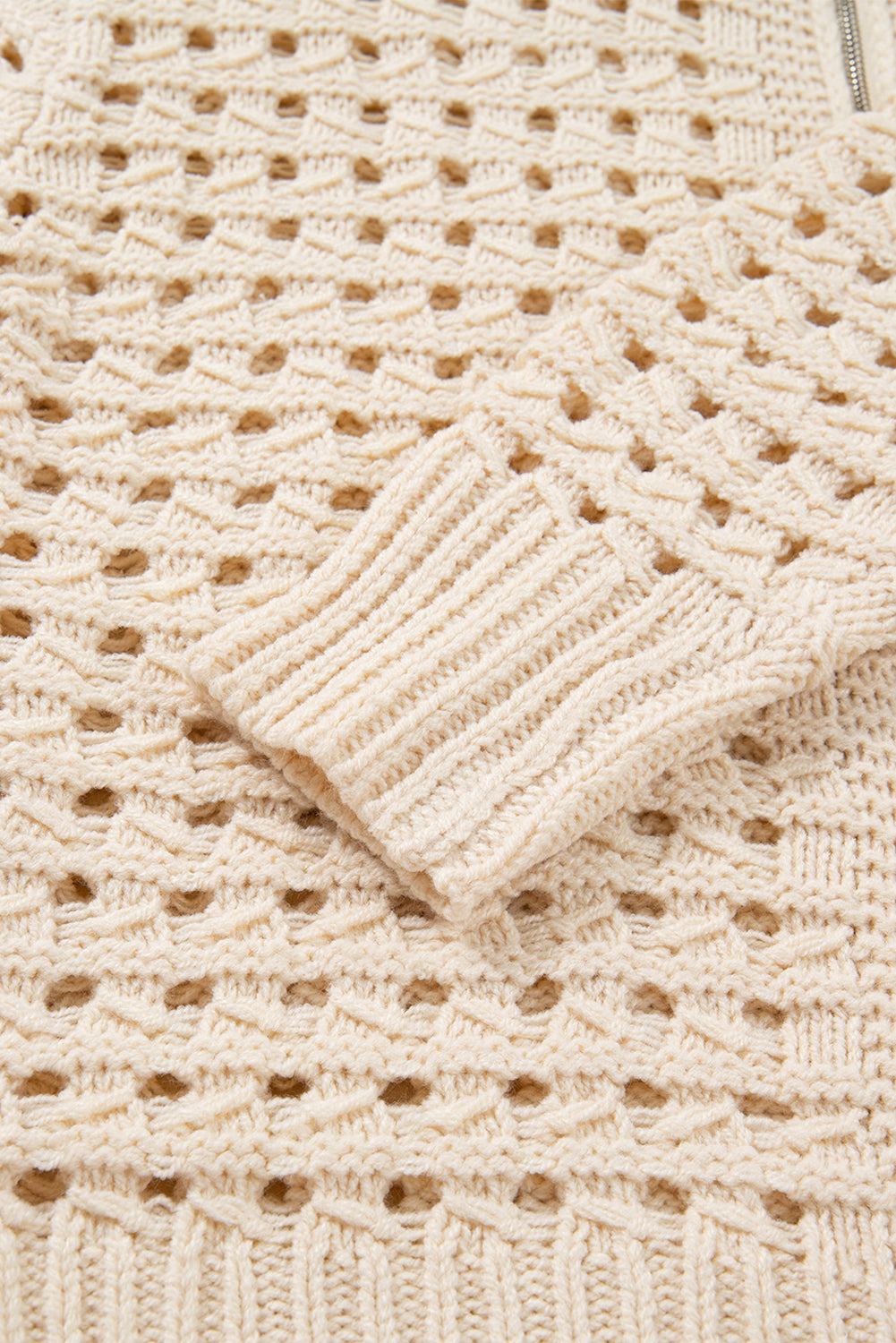 Beige Hollowed Pattern Knit Zip Up Drop Shoulder Sweater Cardigan-TOPS / DRESSES-[Adult]-[Female]-2022 Online Blue Zone Planet