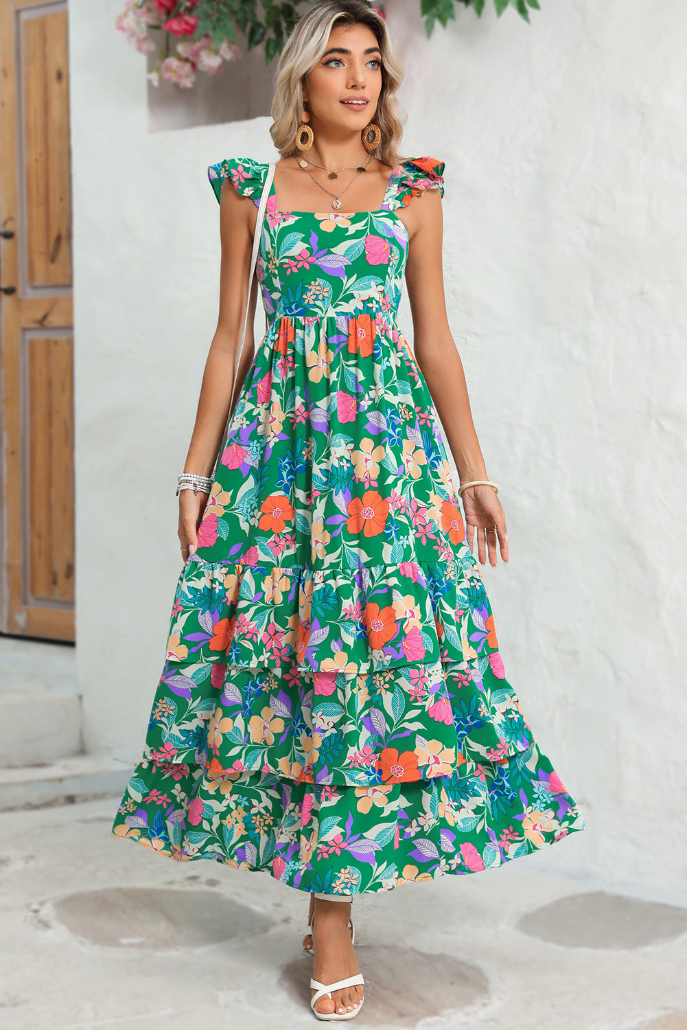 Pink Floral Print Sleeveless Ruffle Tiered Maxi Dress-Maxi Dresses-[Adult]-[Female]-2022 Online Blue Zone Planet