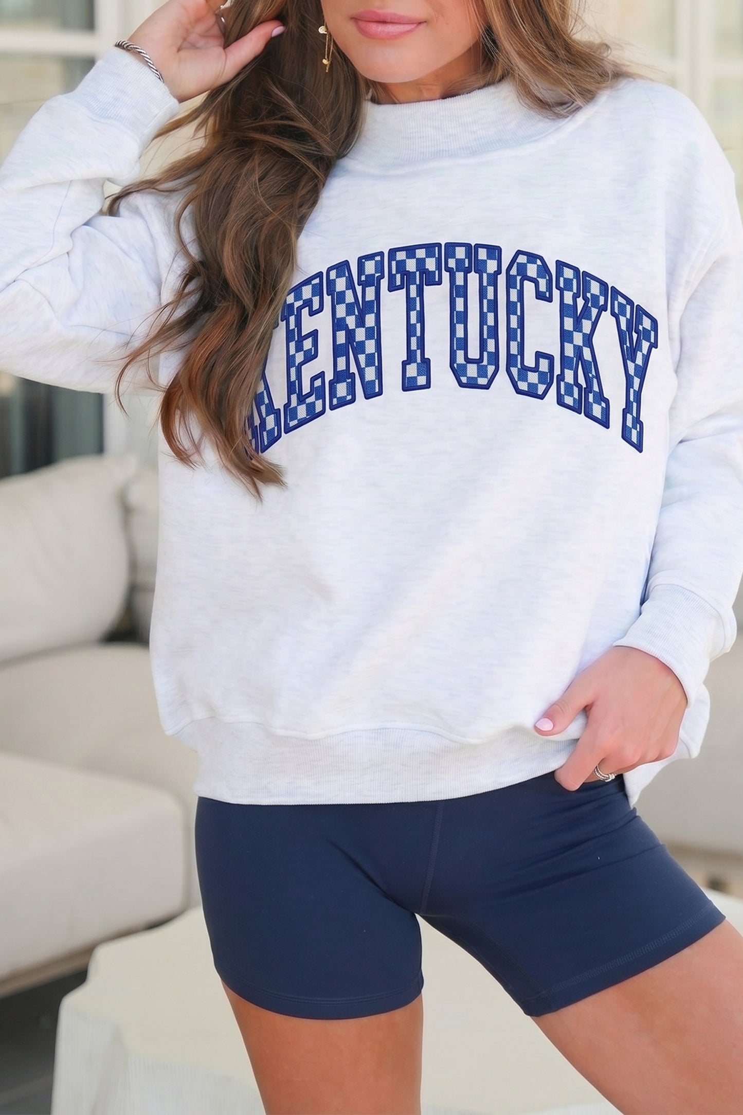 Light Grey High Neck Embroidered Checkered Letter Game Day Sweatshirt-Tops/Sweatshirts & Hoodies-[Adult]-[Female]-2022 Online Blue Zone Planet
