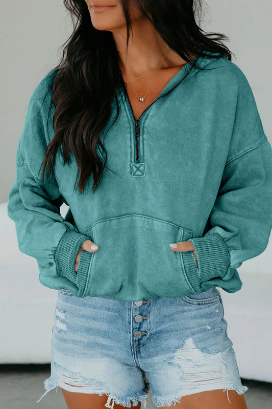 Canton Half Zip Kangaroo Pocket Mineral Wash Baggy Hoodie-Tops / Dresses-[Adult]-[Female]-Canton-S-2022 Online Blue Zone Planet