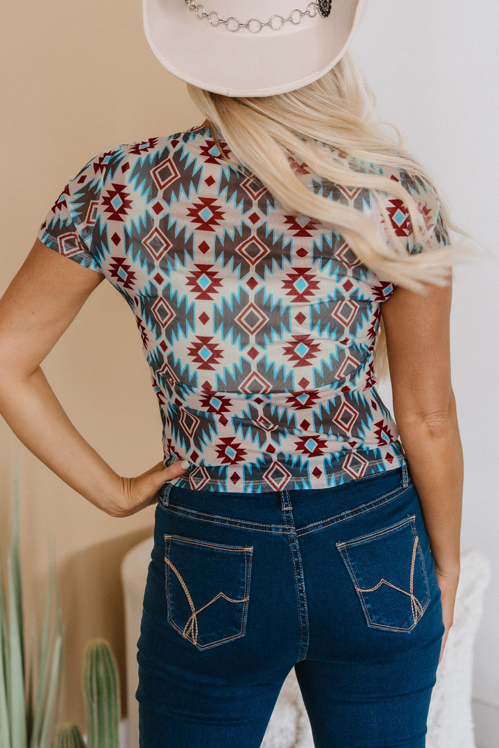 Blue Western Aztec Print Mesh Slim T Shirt-Tops/Tops & Tees-[Adult]-[Female]-2022 Online Blue Zone Planet