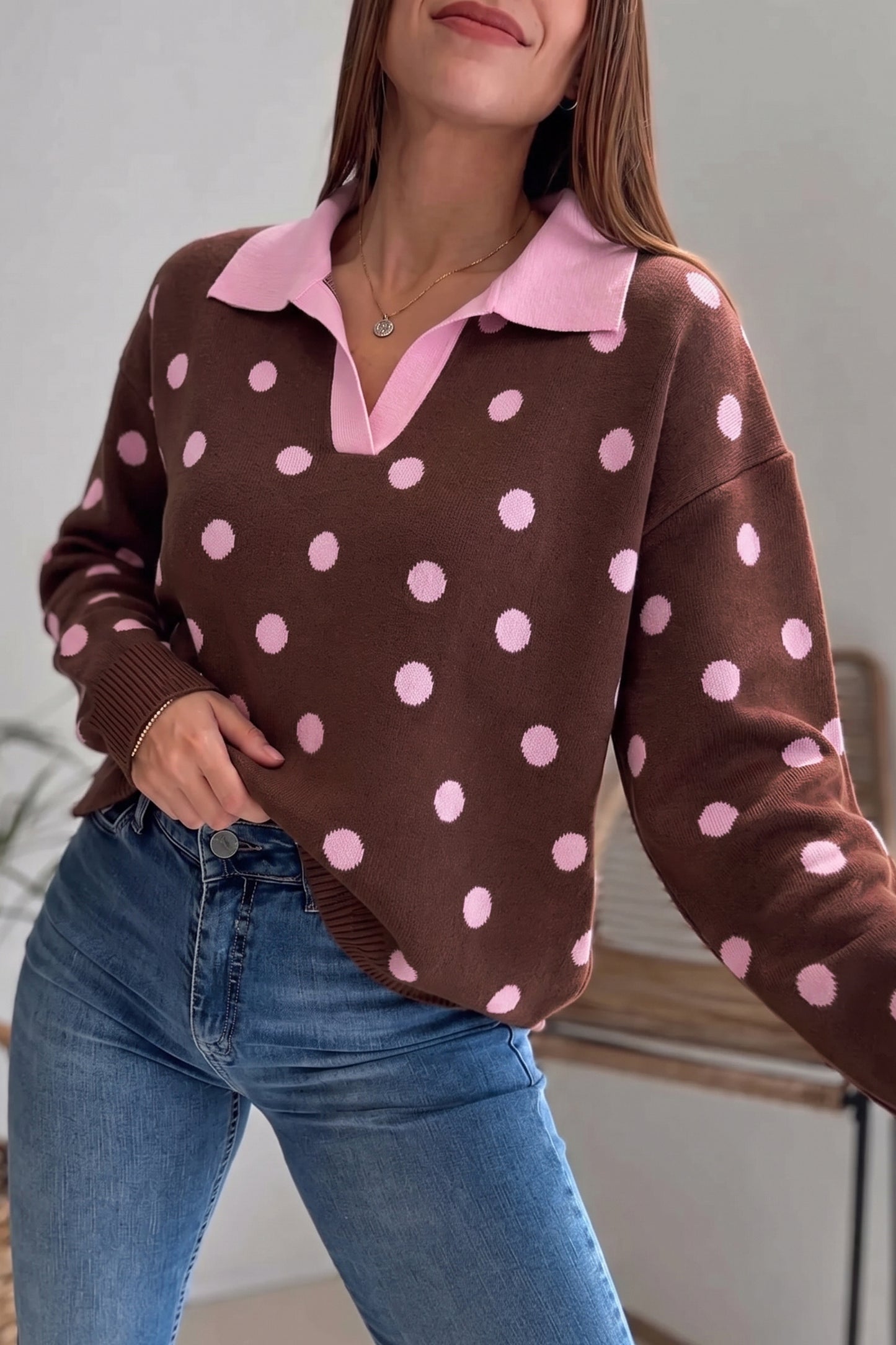 Pink Polka Dot Pattern Color Block Collared Loose Pullover Sweater-Sweaters & Cardigans/Sweaters-[Adult]-[Female]-Pink-S-2022 Online Blue Zone Planet
