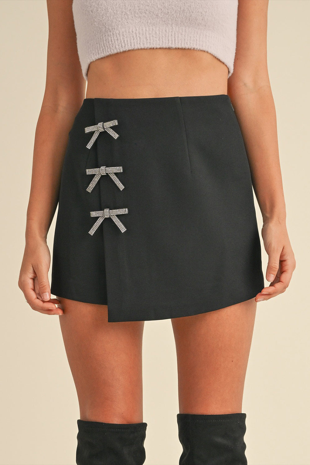 Black Rhinestone Bow Wrap High Waist Mini Skirt-Bottoms/Skirts & Petticoat-[Adult]-[Female]-2022 Online Blue Zone Planet