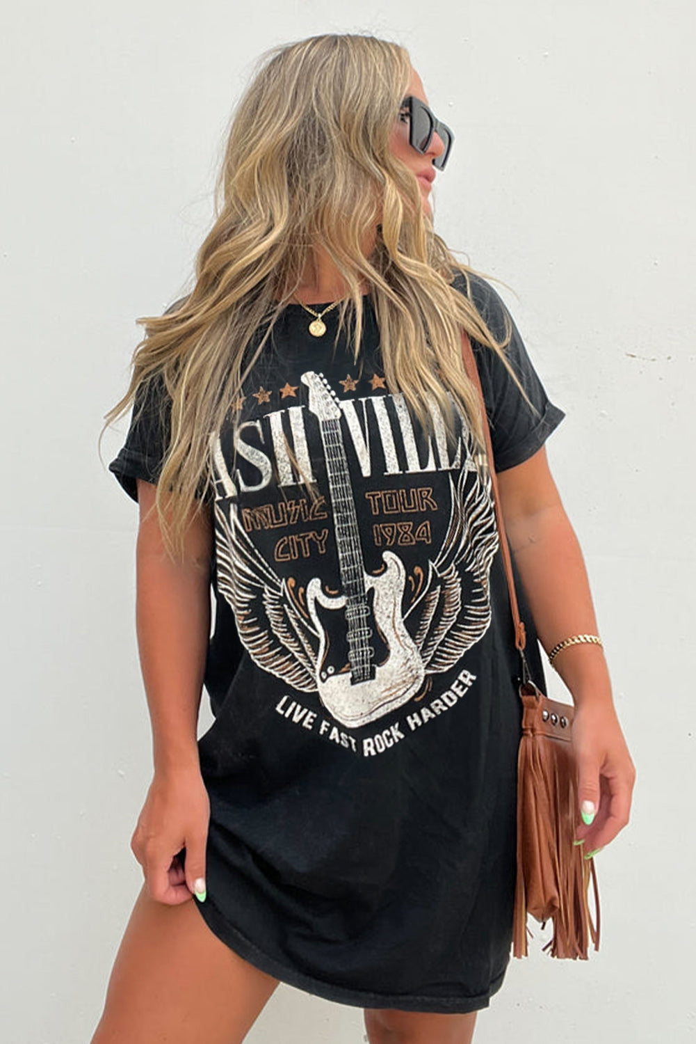 Black Nashville Guitar Print Crew Neck T Shirt Mini Dress-TOPS / DRESSES-[Adult]-[Female]-2022 Online Blue Zone Planet