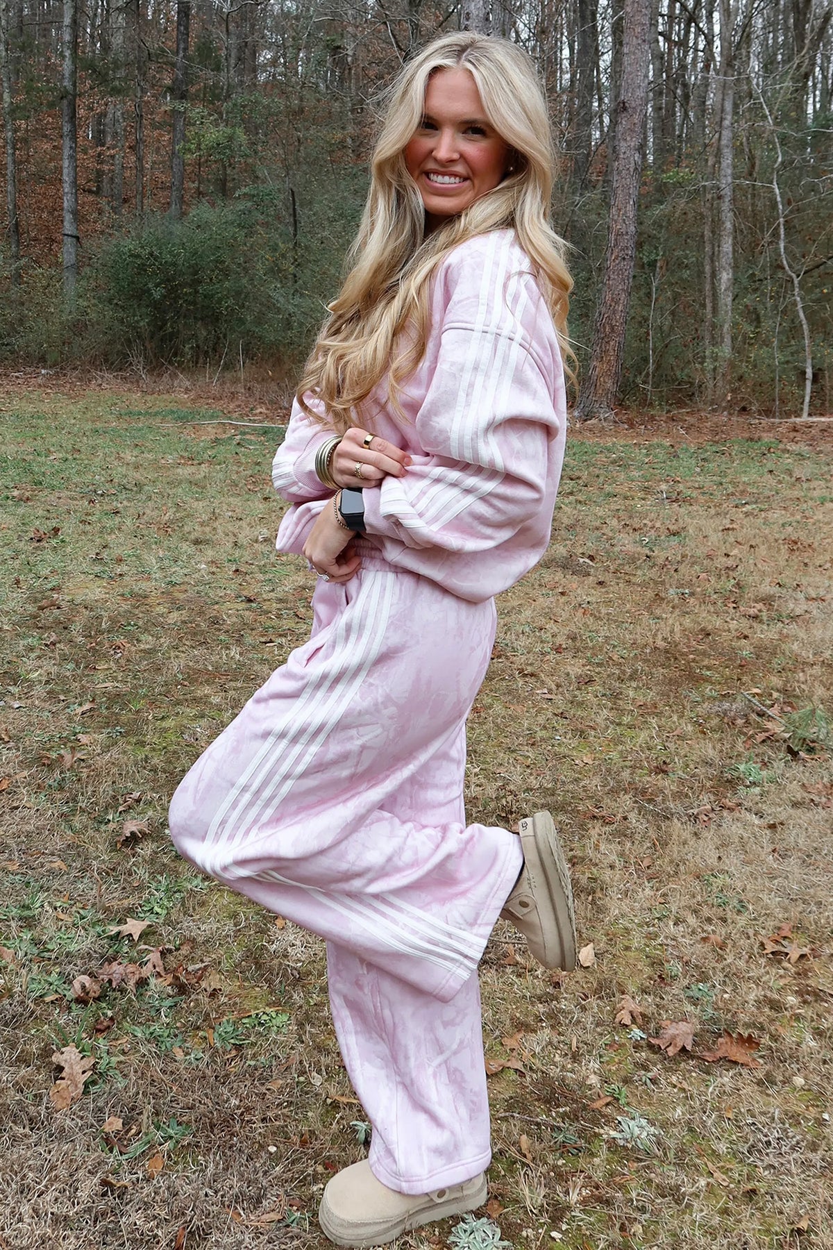 Pink Abstract Print Side Stripe Detail Long Sleeve Top Loose Pants Set