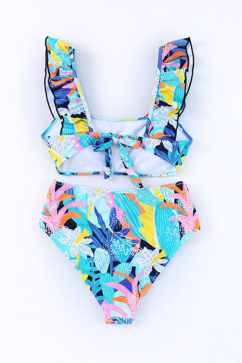 Green Tropical Print Ruffled Square Neck Tie High Waist Swimsuit Blue Zone Planet