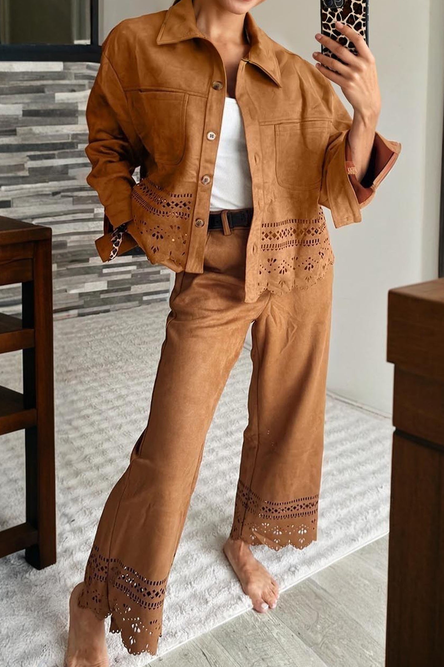 Thai Curry Solid Color Faux Suede Hollowed Detail Retro Style Jacket-Outerwear/Jackets-[Adult]-[Female]-2022 Online Blue Zone Planet