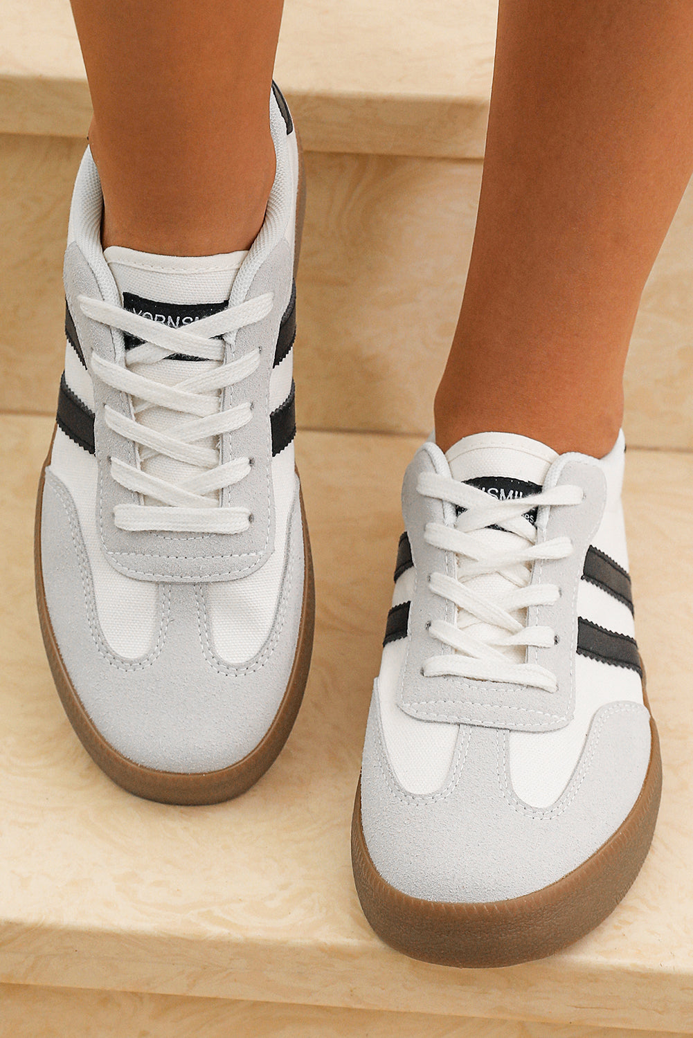 White Striped Lace-up Flat Sneakers-Shoes & Bags/Womens Shoes-[Adult]-[Female]-2022 Online Blue Zone Planet