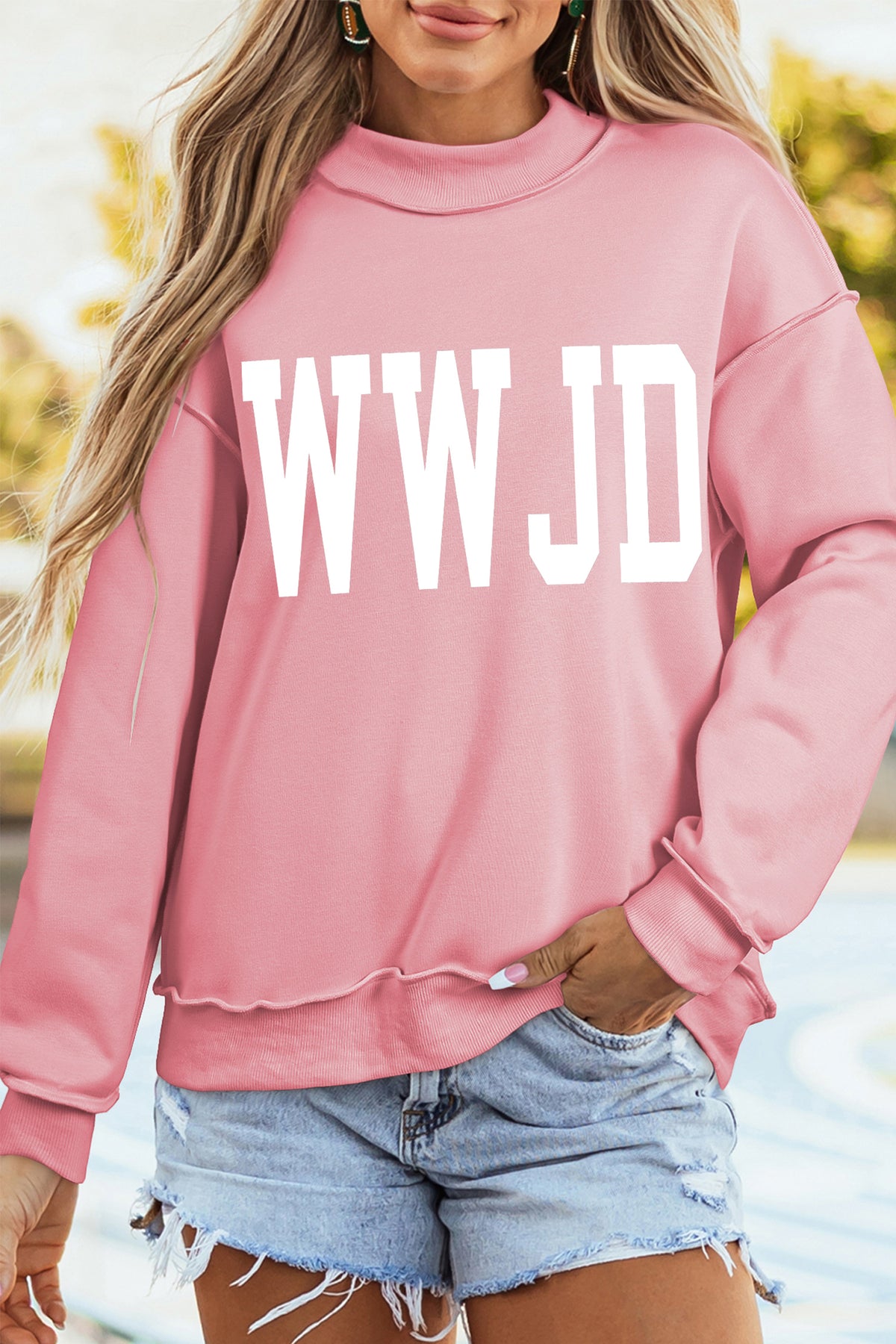 Light Pink WWJD/ AMEN Double Side Printed Mock Neck Reversible Sweatshirt-Graphic/Graphic Sweatshirts-[Adult]-[Female]-2022 Online Blue Zone Planet