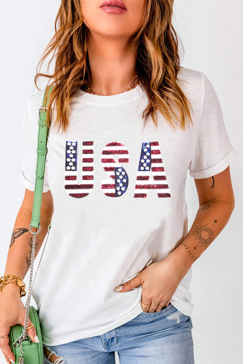 White USA Flag Sequin Graphic Patched Round Neck T Shirt-Graphic Tees-[Adult]-[Female]-2022 Online Blue Zone Planet