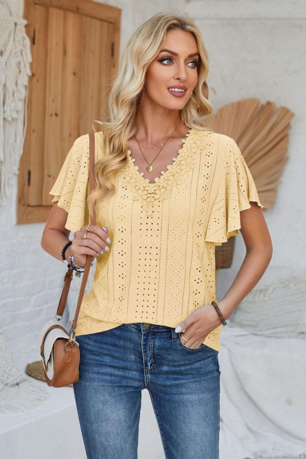 Eyelet Applique V-Neck Cap Sleeve T-Shirt-TOPS / DRESSES-[Adult]-[Female]-Yellow-S-2022 Online Blue Zone Planet