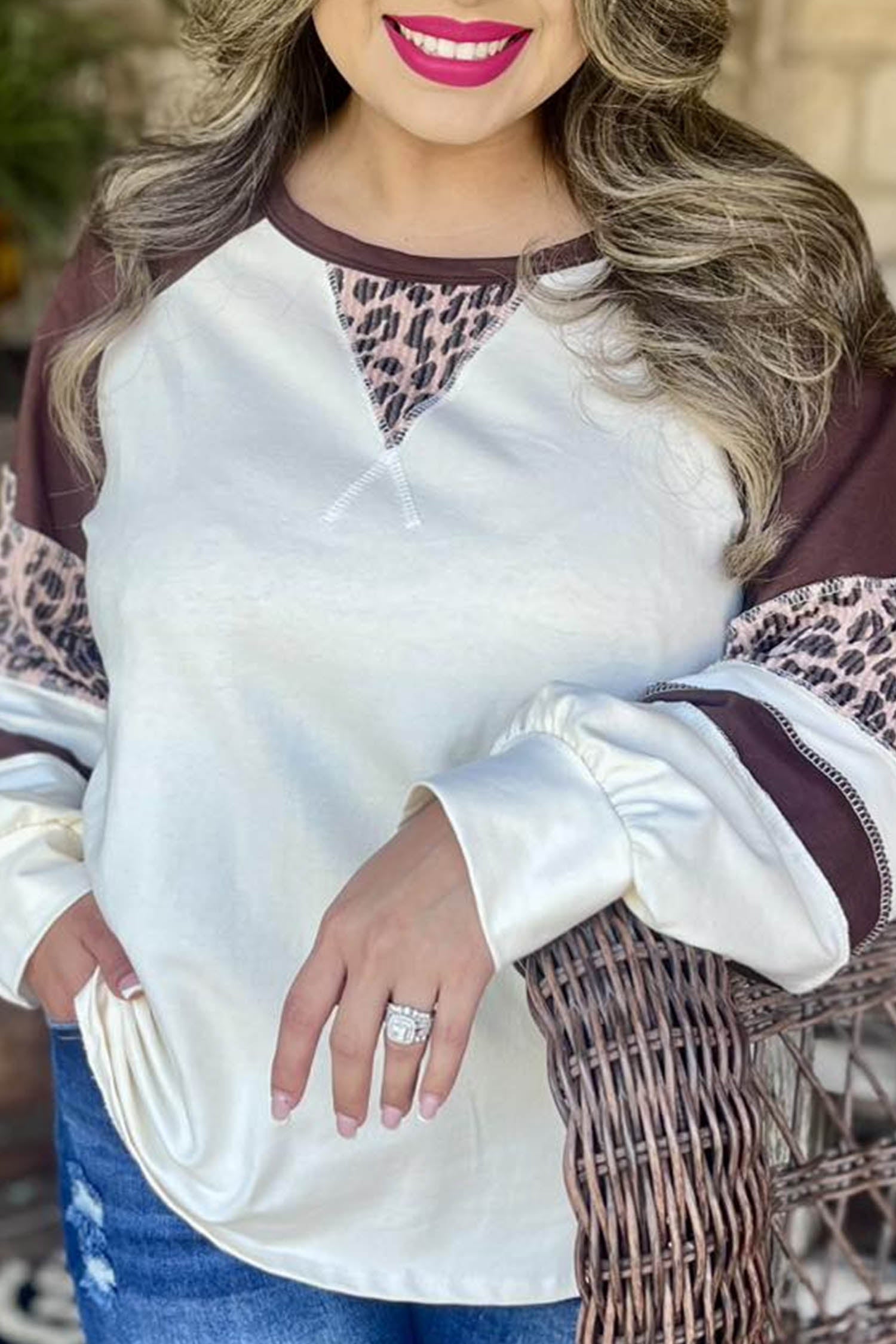 Beige Leopard Print Colorblock Round Neck Long Sleeve Plus Size Blouse-Plus Size/Plus Size Tops/Plus Size Long Sleeve Tops-[Adult]-[Female]-2022 Online Blue Zone Planet